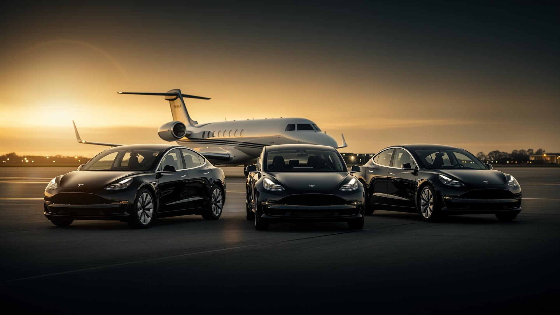 Row of black electric vehicles staged on a private jet tarmac at dusk