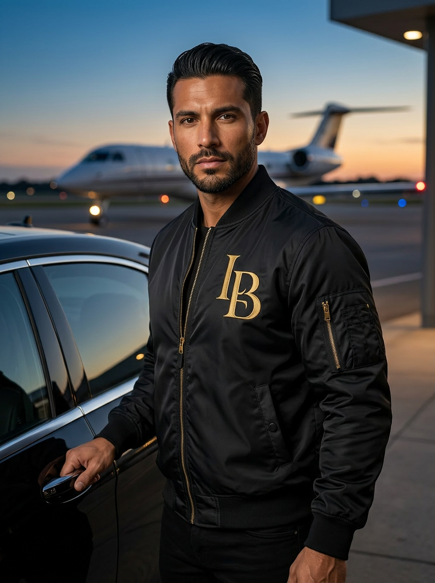 Luxara Black driver in branded bomber opening a door at a private airport