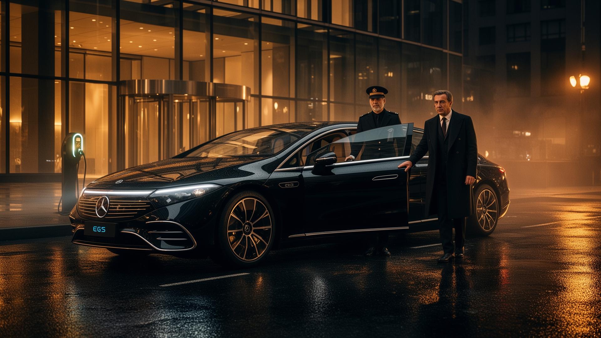 Black executive sedan with chauffeur outside a glass tower lobby at night