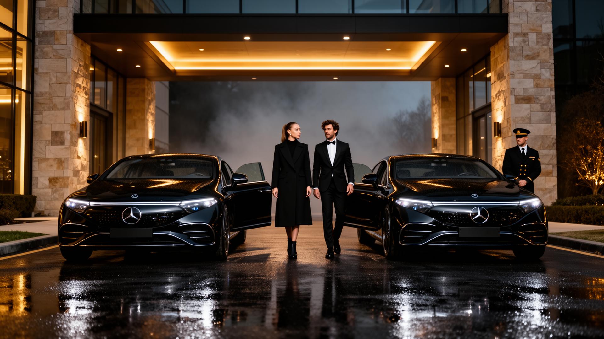 Two black Mercedes EQS electric sedans at a private porte-cochere with athlete and celebrity arrivals