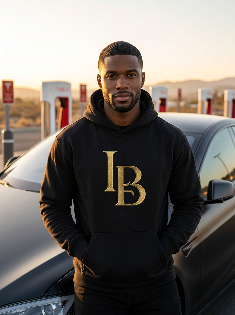 Luxara Black driver in branded hoodie at a Tesla supercharger