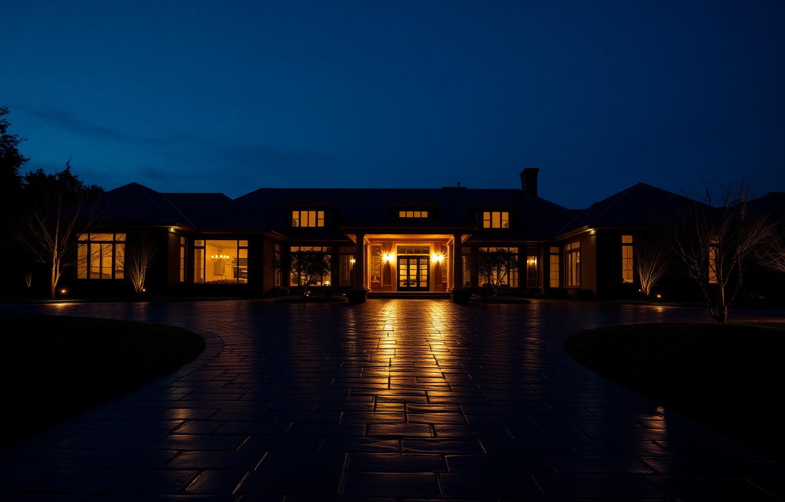 Luxury private estate driveway at twilight